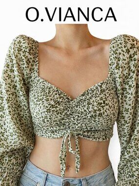 O Vianca Green White Ditsy Floral Puff Sleeve Front Tie Crop Top Large Size L